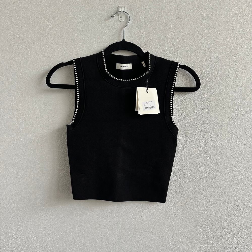 Sandro Gild Faux Pearl Embellished Sleeveless Knit Tank Top Black